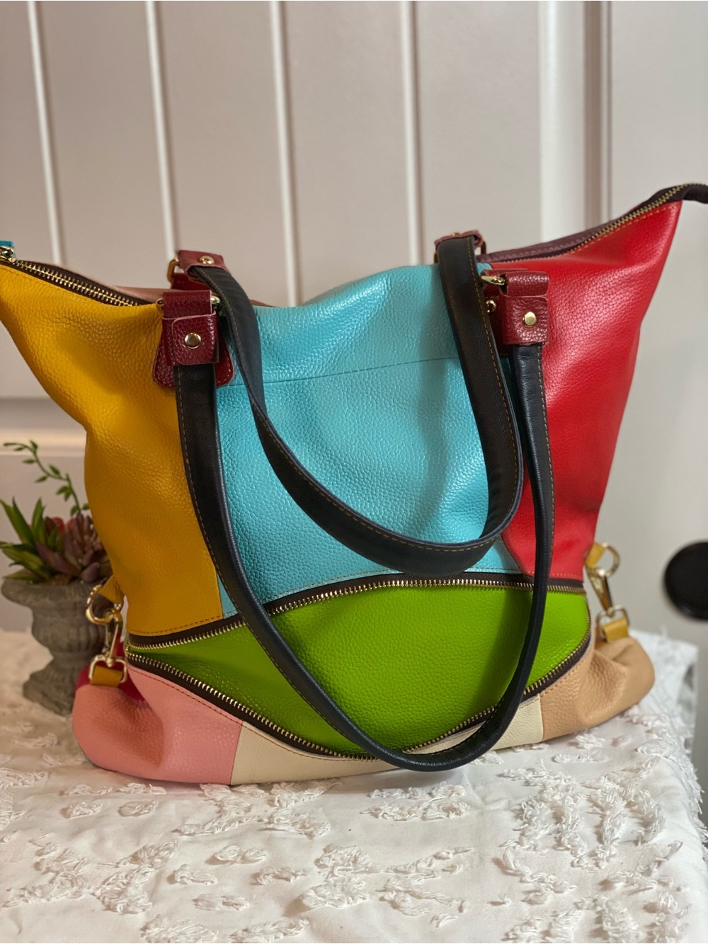 Like New! Multicolor Leather Tote Bag - Colorblock Shoulder Bag